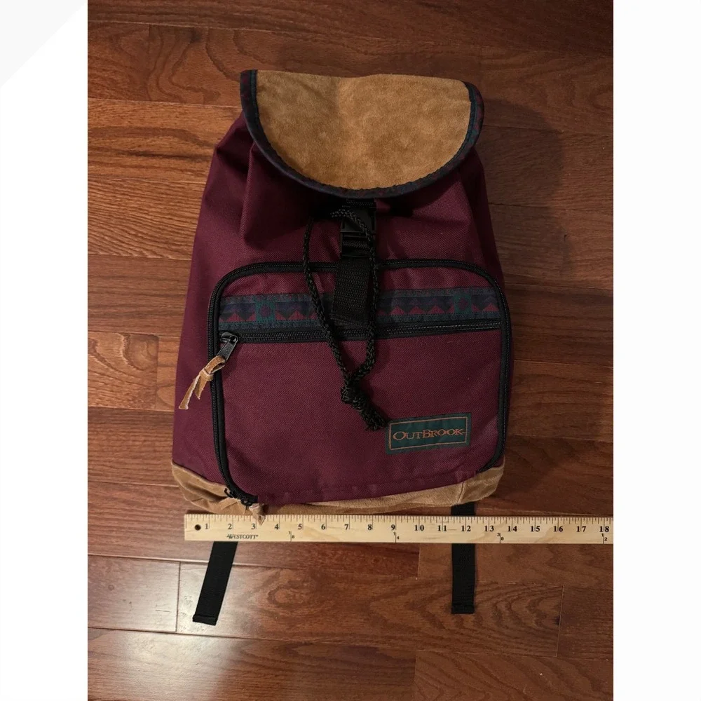 Outbrook Vintage Canvas Backpack Burgundy Suede Trim Southwestern Daypack Bag